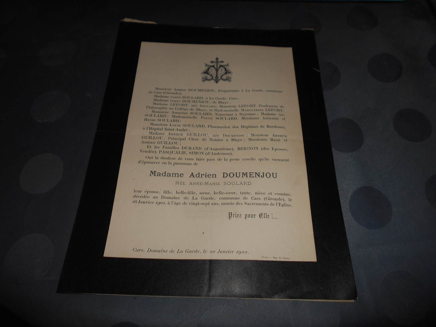 252 - Faire-Part De Décès ,Madame Adrien DOUMENJOU , Le 16 Janvier 1902 Au Domaine De La Garde, Cars En Gironde - Décès