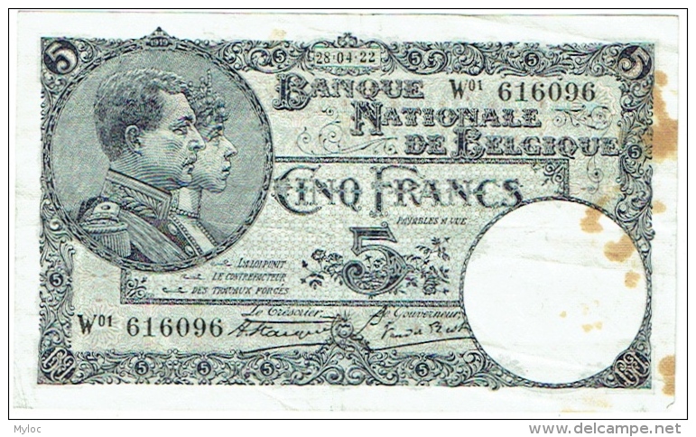 Billet. Belgique/Belgie. Cinq Francs. 5 Francs. 1922. - 5 Francos