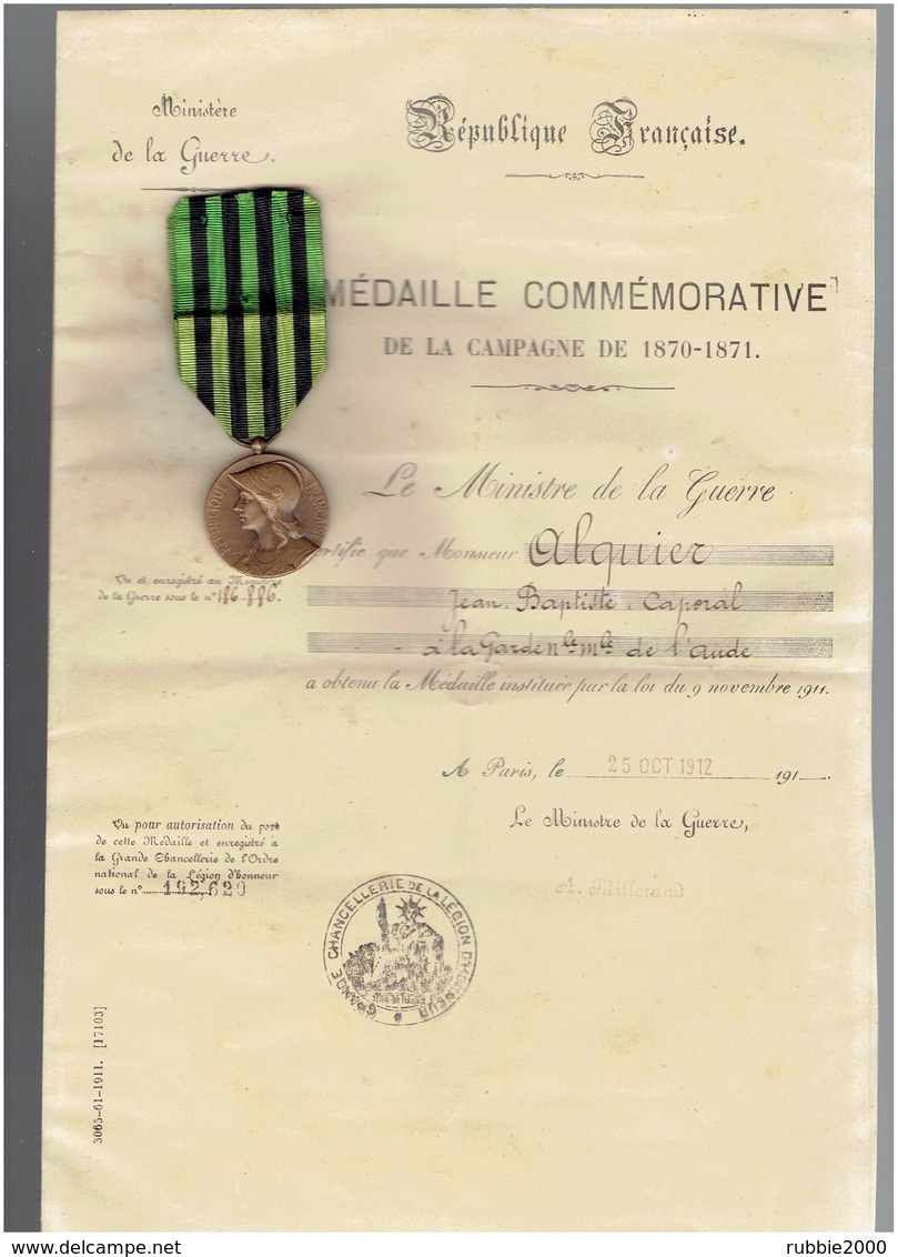 DIPLOME ET MEDAILLE COMMEMORATIVE CAMPAGNE 1870 1871 CAPORAL JEAN BAPTISTE ALQUIER A LA GARDE NATIONALE MOBILE DE L AUDE - Before 1871