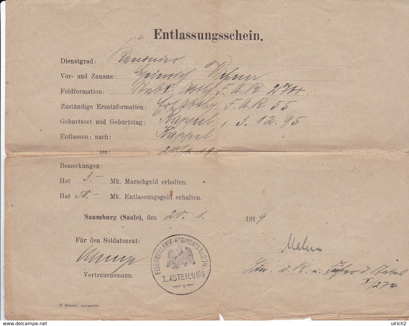 Entlassungsschein Feldartillerie-Regiment Nr. 274 - Naumburg 1919 (35457) - Dokumente