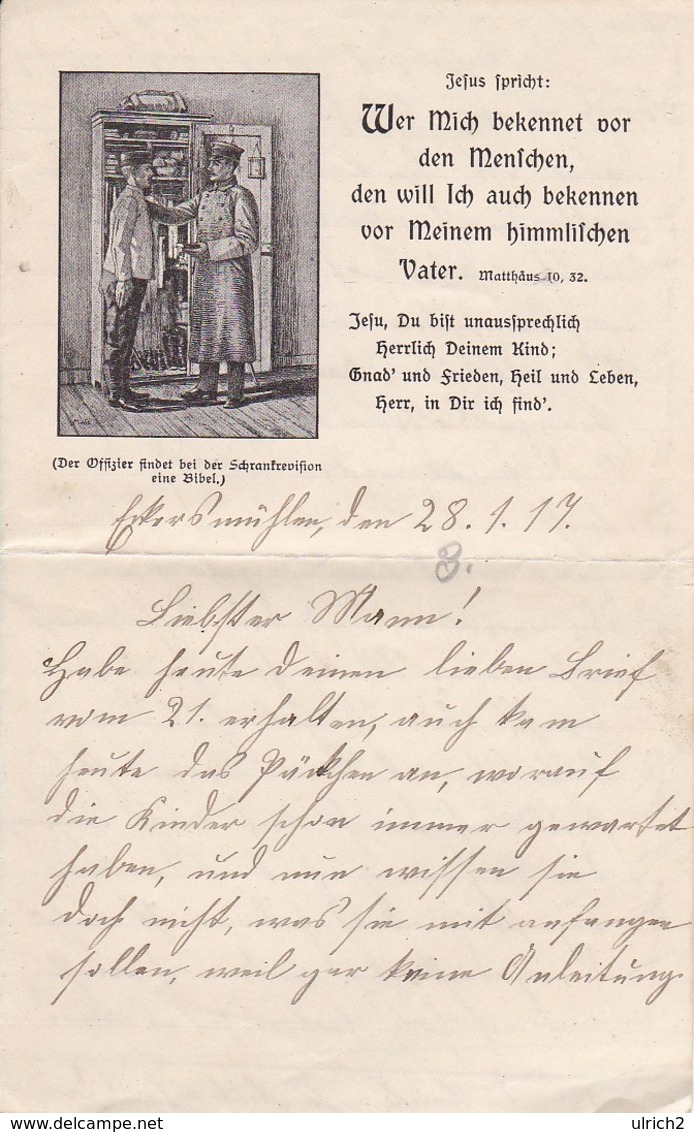 Brief Mit Relig. Motiv - Der Offizier Findet Bei Der Schrankrevision Eine Bibel - 4 Seiten - 1917 (35458) - Dokumente