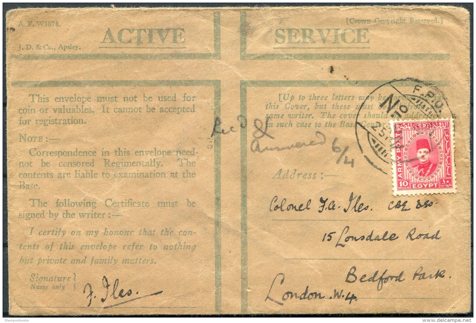 1940 Egypt Military Mail FPO Active Service Cover + Letter Rajput Regiment - Col. Iles, CBE DSO, Bedford Park,London - Covers & Documents