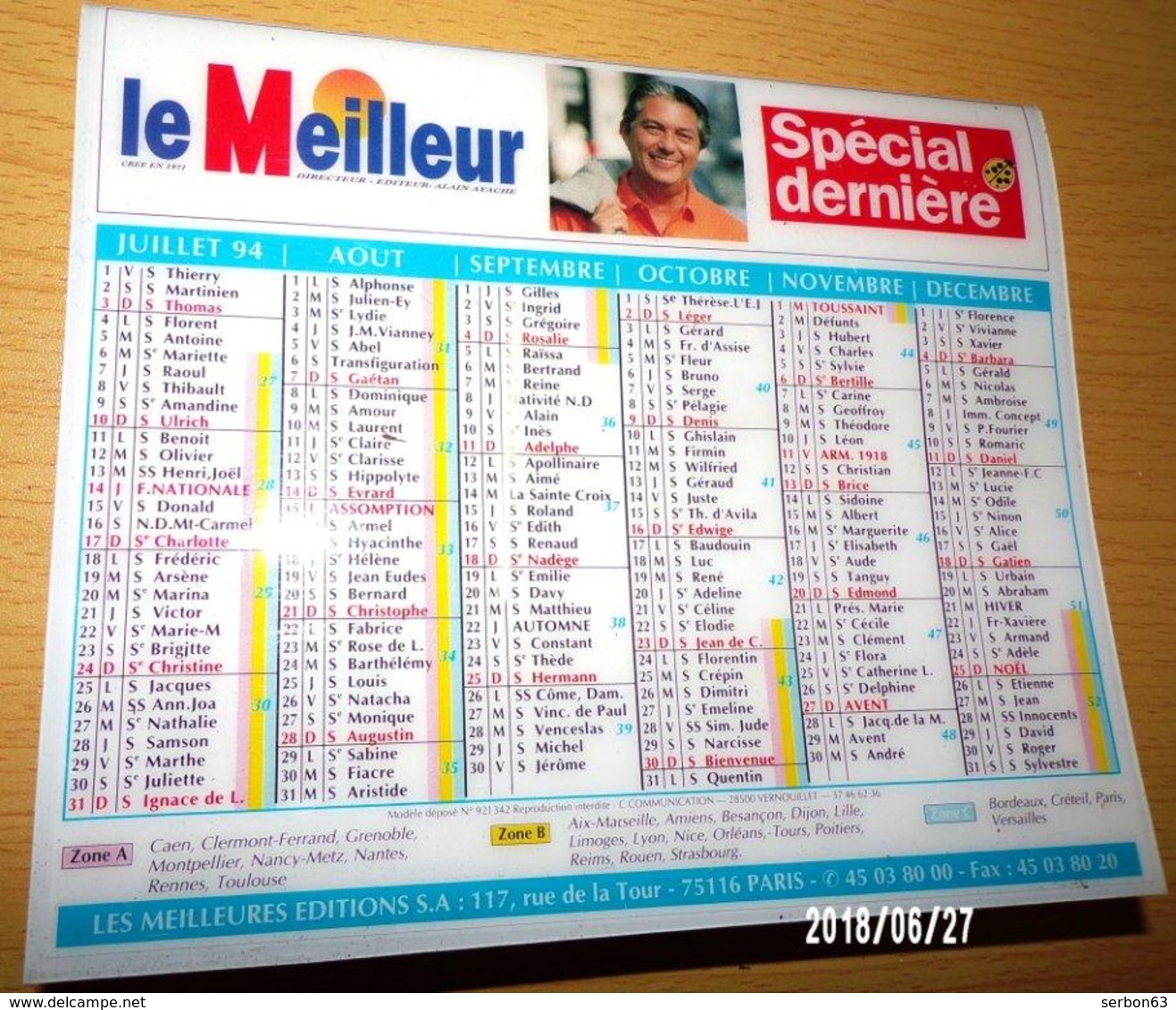 CALENDRIER CHEVALET BUREAU PLASTIQUE RIGIDE 1994 GROUPE DE PRESSE ALAIN AYACHE FORMAT 17,8X15cmX2 - NOTRE SITE Serbon63 - Grand Format : 1991-00