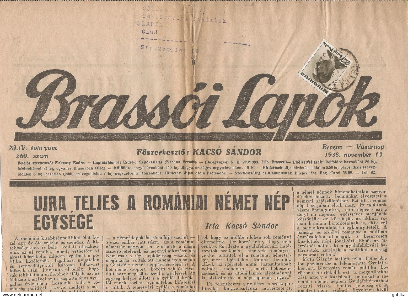 Romania 1938 Brassoi Lapok Transylvanian Newspaper With Stamp 25 Bani Charles / Carol (4 Scan) - Storia Postale