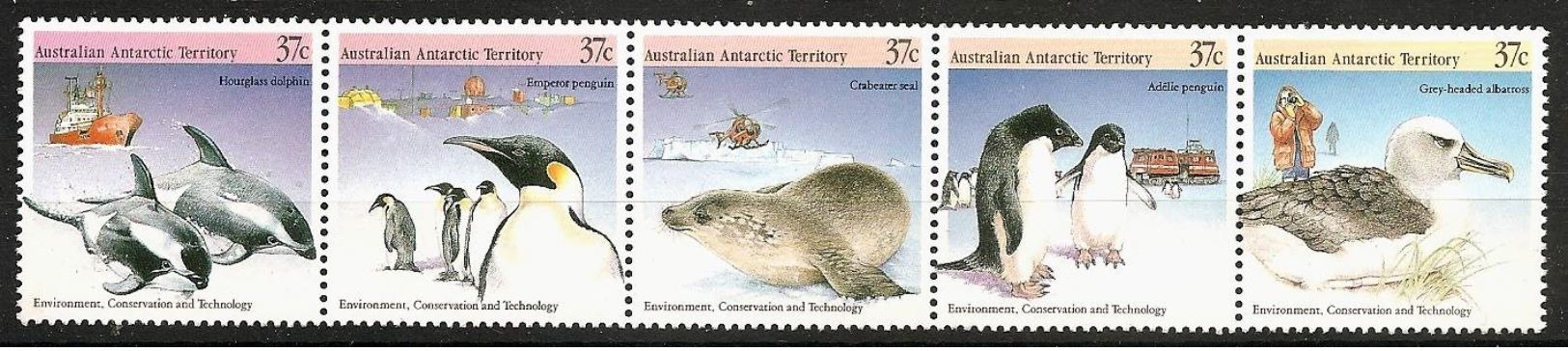 AUSTRALIAN ANTARCTIC TERRITORY 1988 - ENVIRONMENT CONSERVATION And TECHNOLOGY Animals - 5-strip Compl Mi 79-83 MNH ** Cv - Unused Stamps