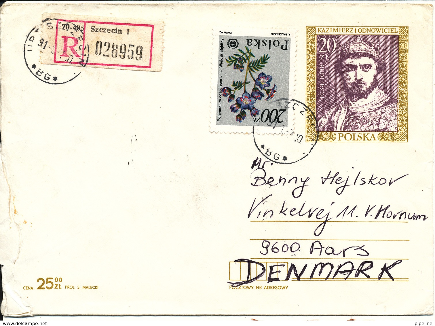 Poland Postal Stationery Registered Cover Uprated And Sent To Denmark Szczecin 1991 - Covers & Documents