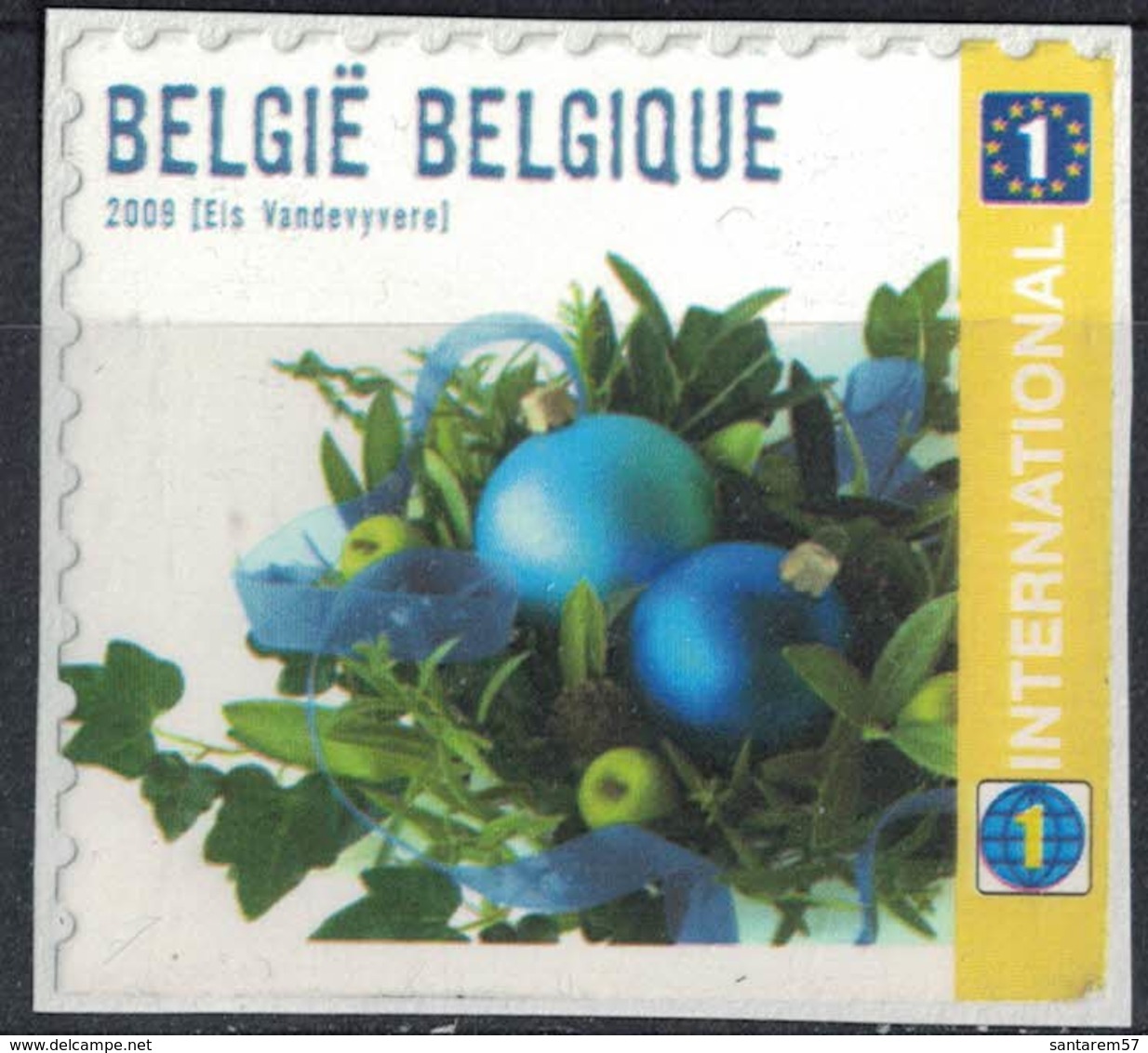 Belgique 2009 Sur Fragment Used Bouquet De Boules De Noël Bleues SU - Ungebraucht