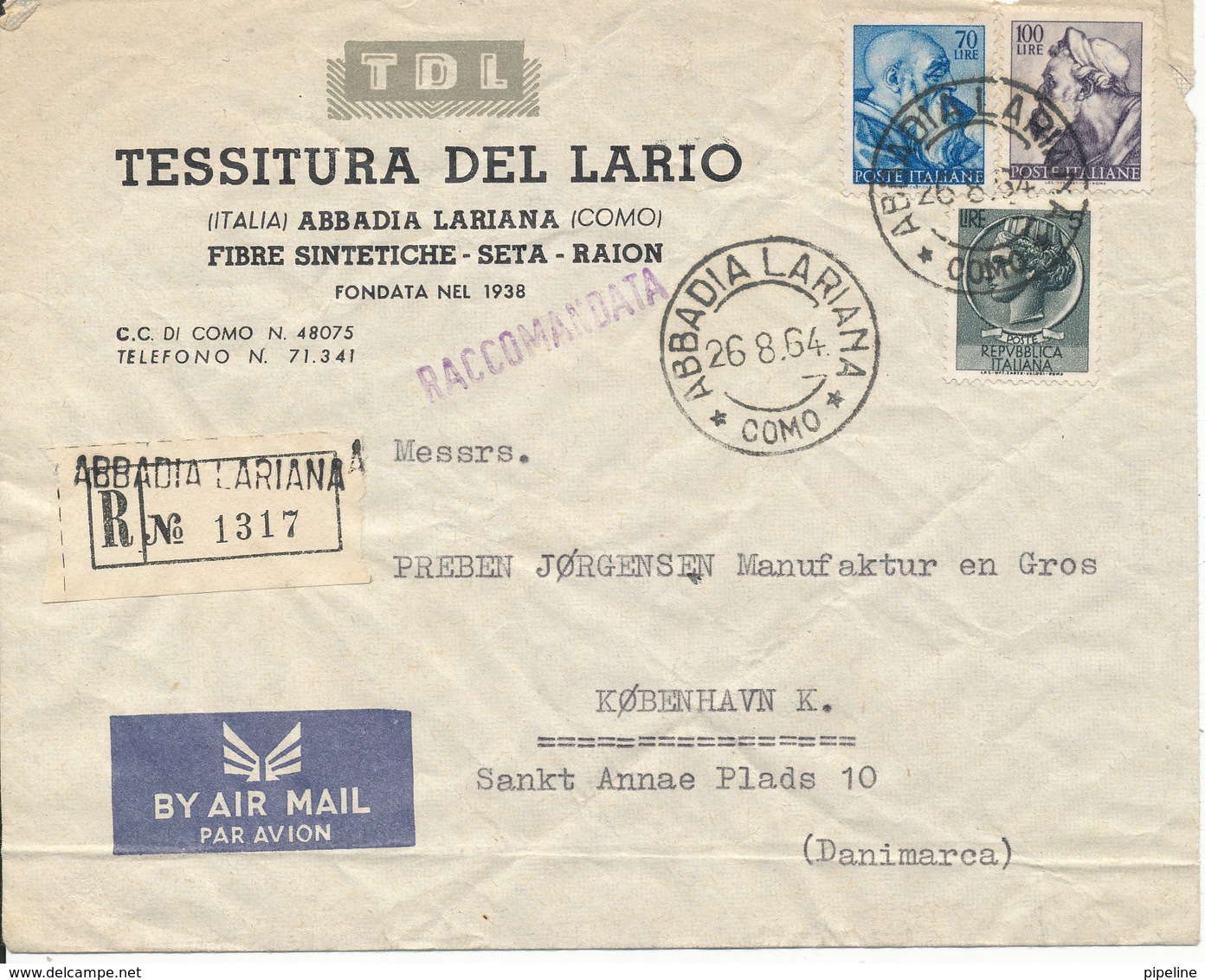 Italy Registered Air Mail Cover Sent To Denmark Abbadia Lariana 26-8-1964 (the Cover Is Bended Below) - Poste Aérienne