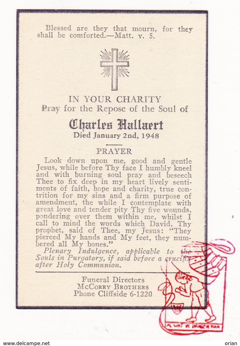 DP Death Card In Memoriam - Charles Hallaert BELGIUM / † 1948 / Cliffside New Jersey USA - Devotieprenten