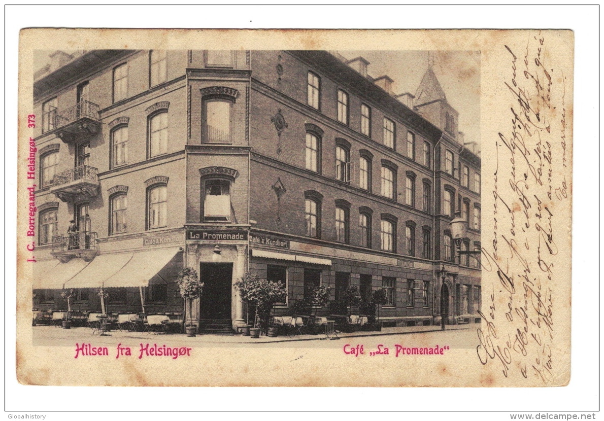 DE1190   DENMARK  HILSEN FRA HELSINGOR CAFE LA PROMENADE 2ND QUALITY  POSTCARD - Denemarken