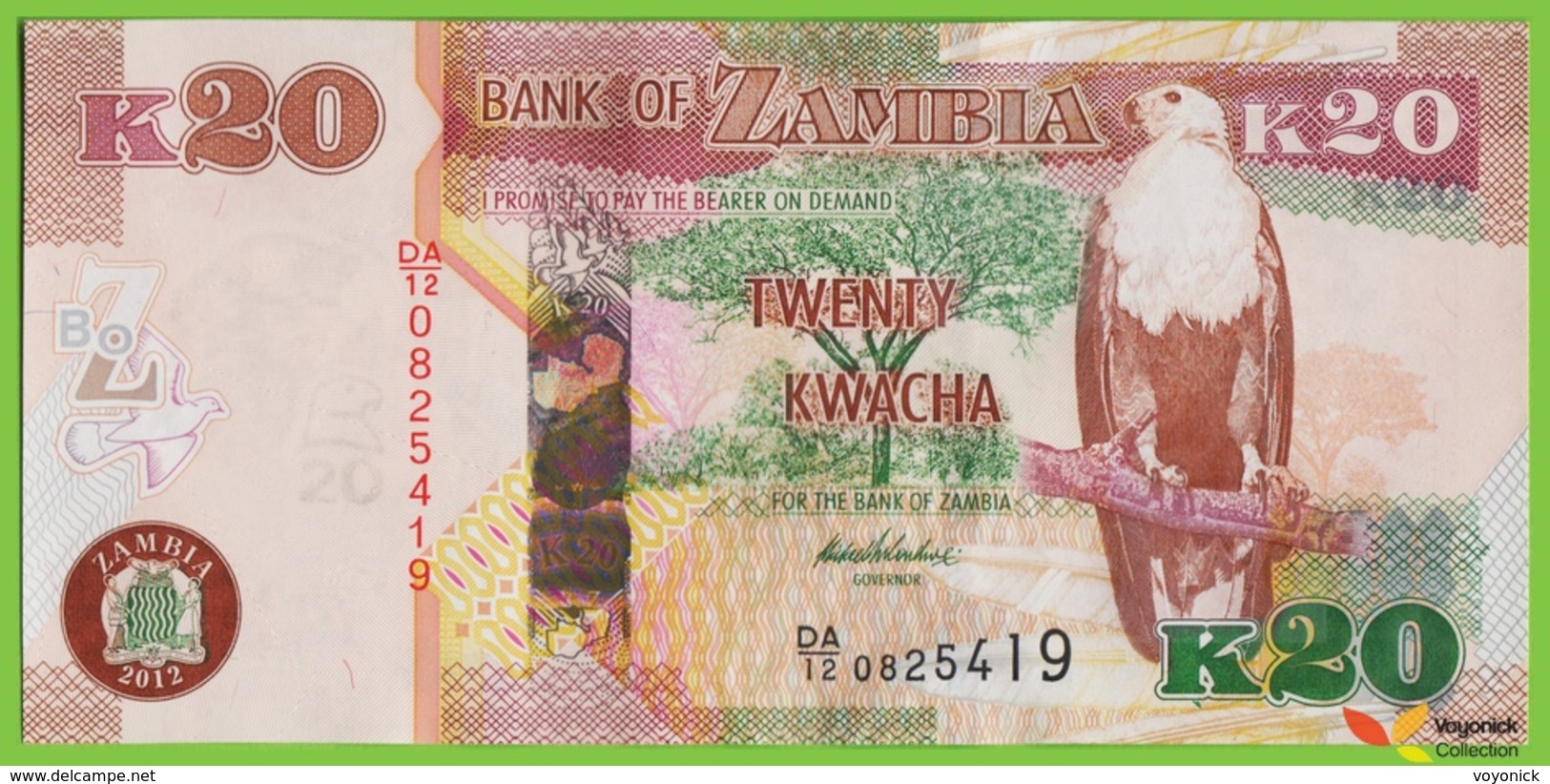 Voyo ZAMBIA 20 Kwacha 2012(2013) P52a B155a DA/12 UNC Fish Eagle - Zambia