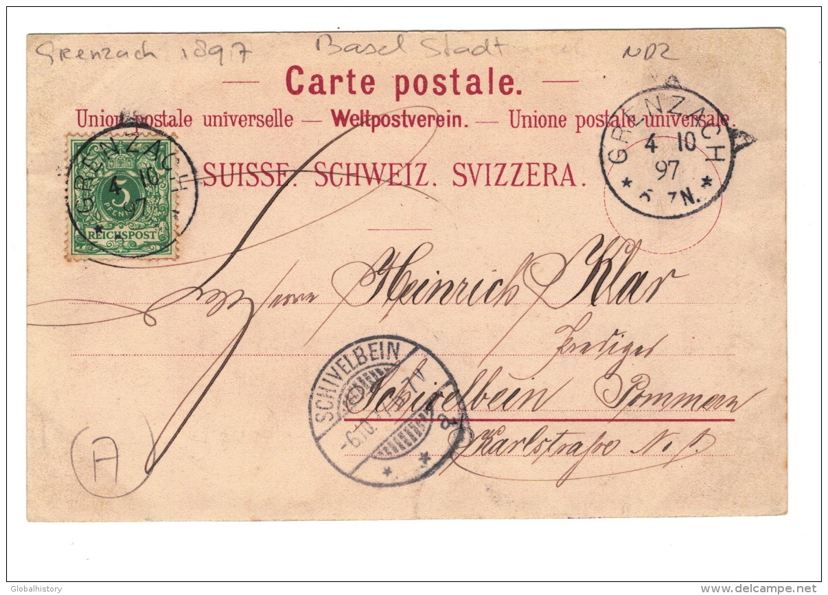 DE1168   SWITZERLAND  GRENZACH 1897 BASEL STADT CHRISCHONA  POSTCARD - Bâle