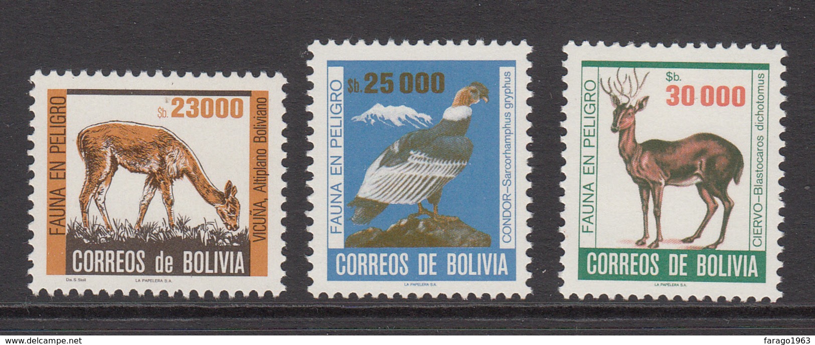 1985 Bolivia Endangered Animals Birds Condor  Complete Set Of 3 MNH - Bolivia