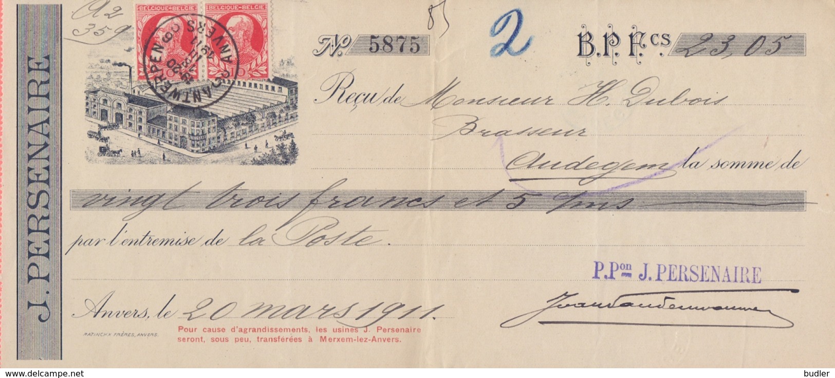 1911: Wissel Van/Traite De ## J. PERSENAIRE, Antwerpen/Anvers ##  Aan/vers ## Mr. H. Dubois, Brasseur, Audegem ## - Lettres De Change