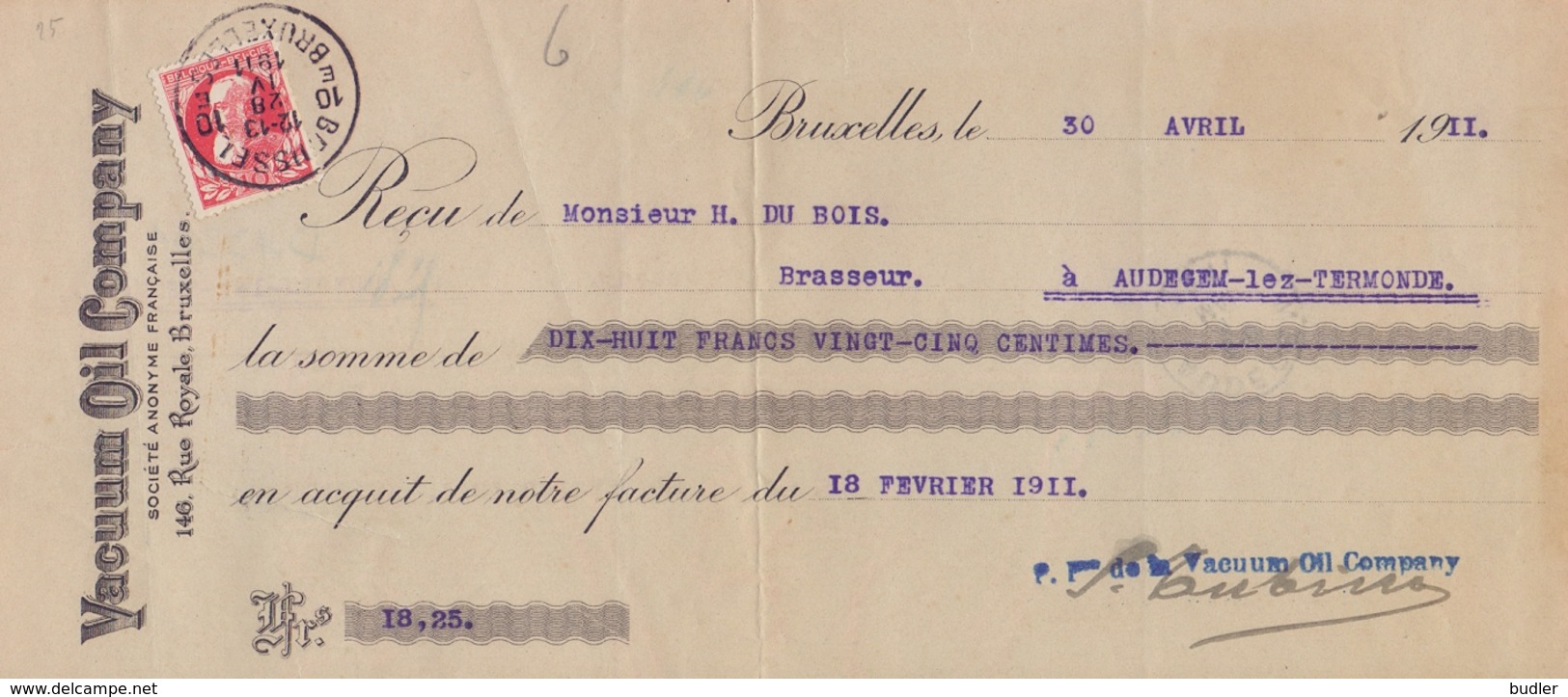 1911: Wissel Van/Traite De ## VACUUM OIL COMPANY, 146, Rue Royale, Br. ##  Aan/vers ## Mr. H. Dubois, à Audegem-lez-T... - Lettres De Change