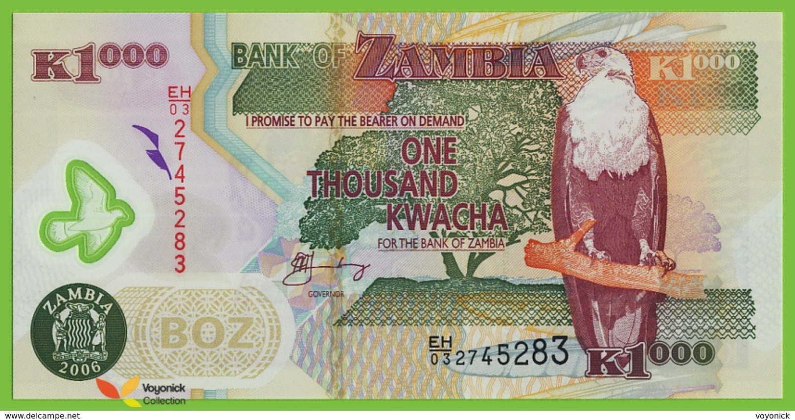 Voyo ZAMBIA 1000 Kwacha 2006 P44e B146e EH/03 UNC Fish Eagle Polimer - Zambia