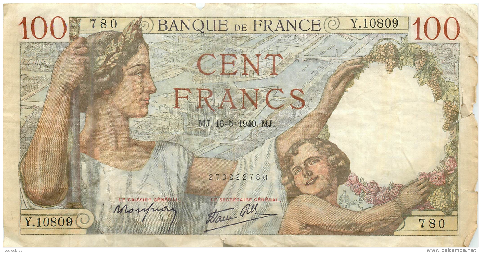 BILLET   CENT FRANCS SULLY 1940 - 100 F 1939-1942 ''Sully''