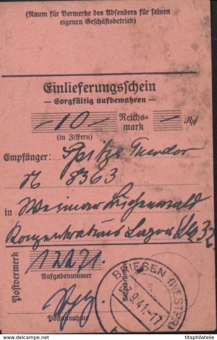 Guerre 39 45 Envoi D'argent Camp Concentration Lager 32 Einlieferungsschein Sorgfältig Aufbewahren CAD Briesen 03 9 41 - Briefe U. Dokumente