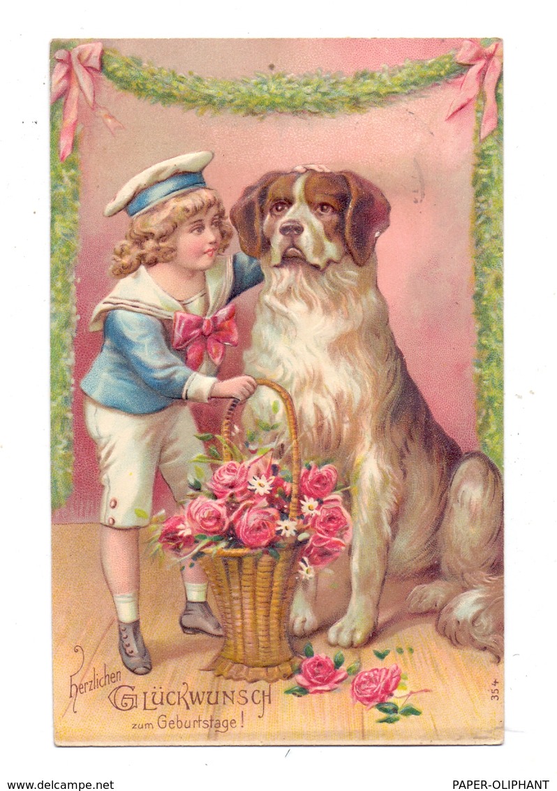 HUNDE - BERNHARDINER, Geburtstagskarte, Geprägt / Embossed / Relief, 1907, Junge Im Seemannskostüm - Hunde