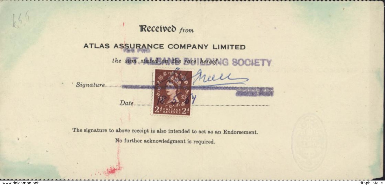 Sur Received From Atlas Assurance Company Limited Chèque National Provincial YT 265 CAD 18 5 57 Utilisé En Timbre Taxe - Postage Due