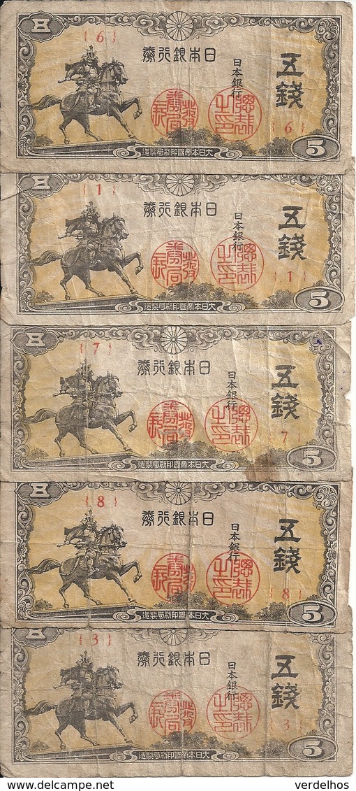 JAPON 5 YEN ND1943 VG+ P 52  ( 5 Billets ) - Japon