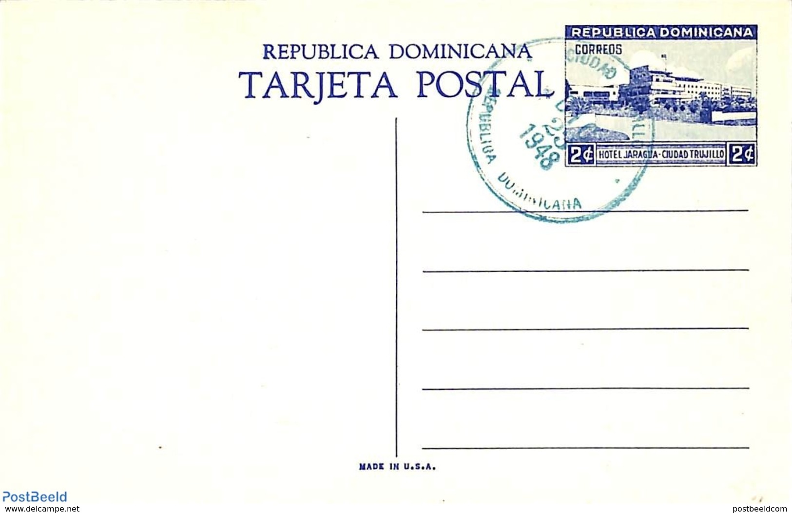 Dominican Republic 1948 Illustrated Postcard 2c, Unused With Postmark, (Used Postal Stationary), Stamps - Dominican Republic