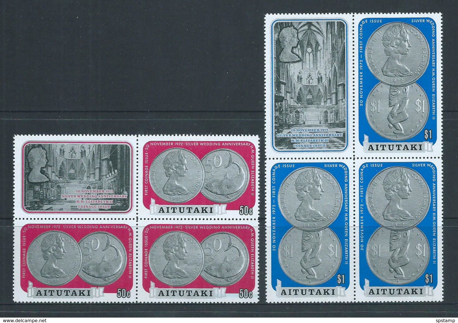 Aitutaki 1973 QEII Silver Wedding Coinage Set 7 In Blocks Of 3 + Label MNH / MLH - Aitutaki