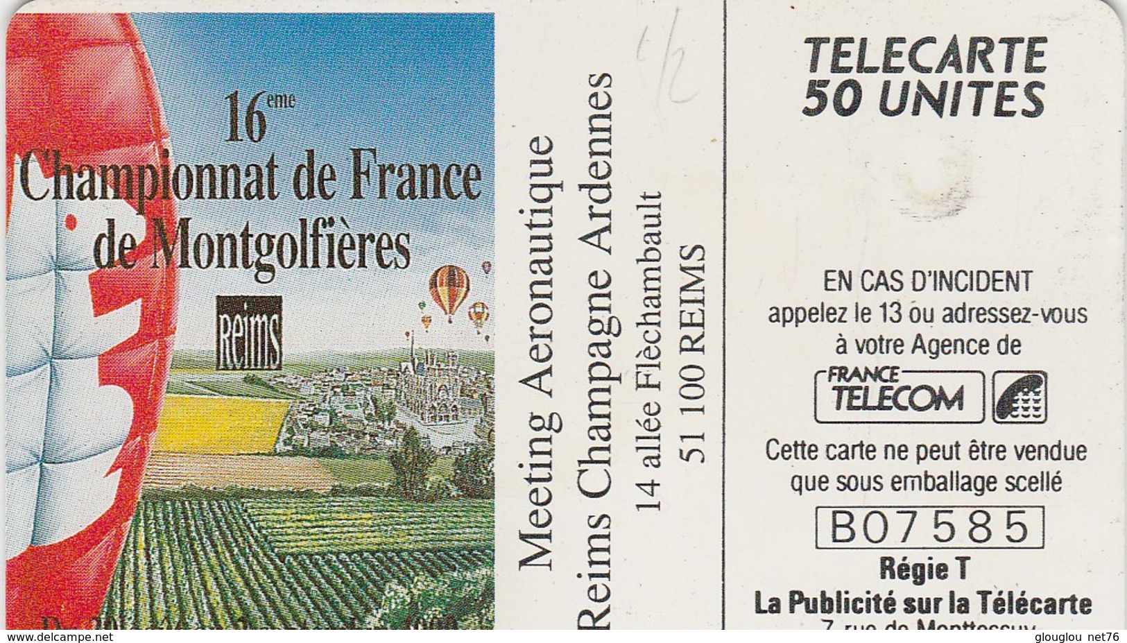 TELECARTE 50...16e CHAMPIONNAT DE FRANCE DE MONTGOLFIERES...REIMS 90 - 50 Unités   