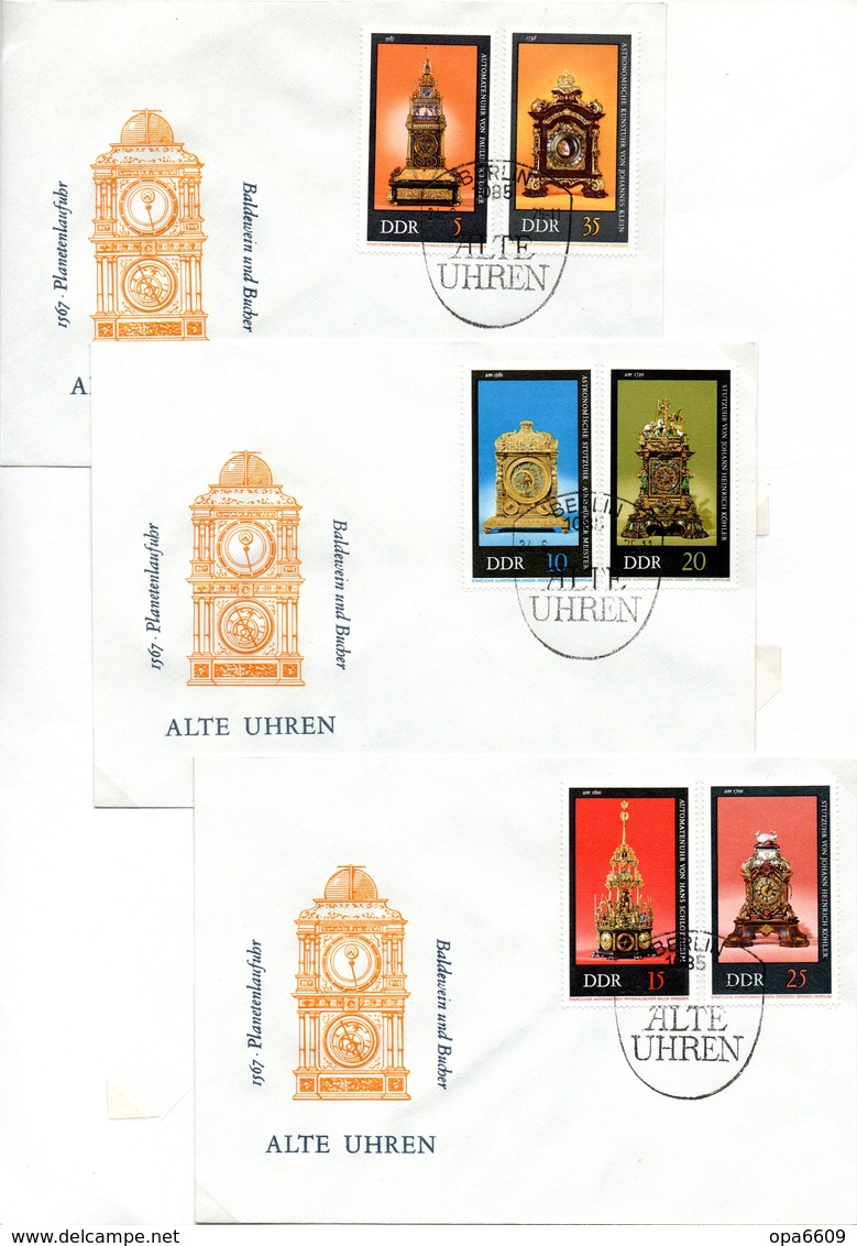 DDR 3 Schmuck-FDC  Mi 2055/60 "Alte Uhren", ESSt BERLIN 24.6.1975 - Uhrmacherei