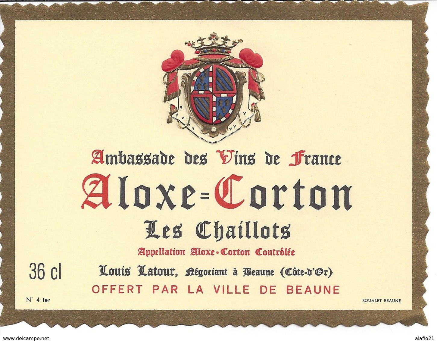 ETIQUETTE BOURGOGNE - ALOXE CORTON CHAILLOTS - LATOUR à BEAUNE - 36cl - Bourgogne