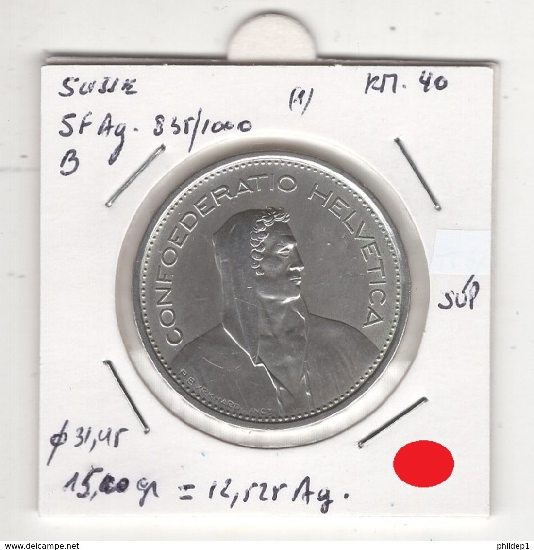 Suisse. 5 FS 1967 B. Pièce En Argent à 835/1000. 15,20 Gr = 12,525 Gr Ag Pur. Diam 31,45 Mm. SUPERBE - Other & Unclassified