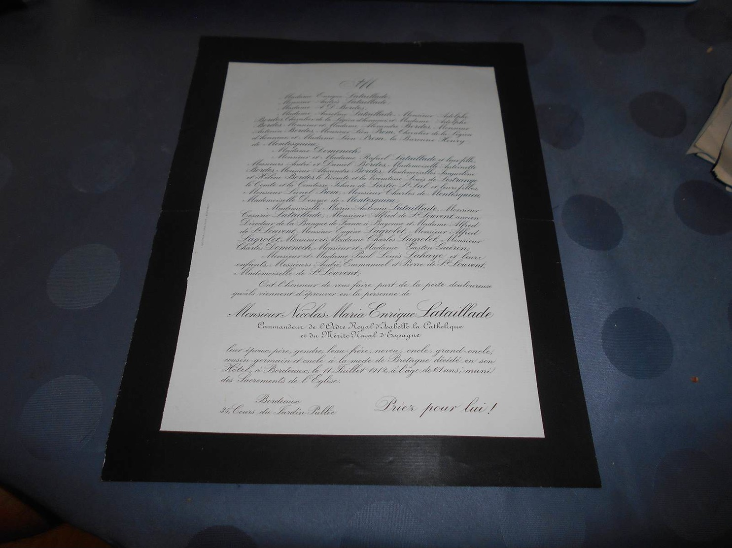 312 - Faire Part De Décès, Monsieur Nicolas Maria Enrique LATAILLADE, Le 11 Juillet 1912 à Bordeaux - Décès