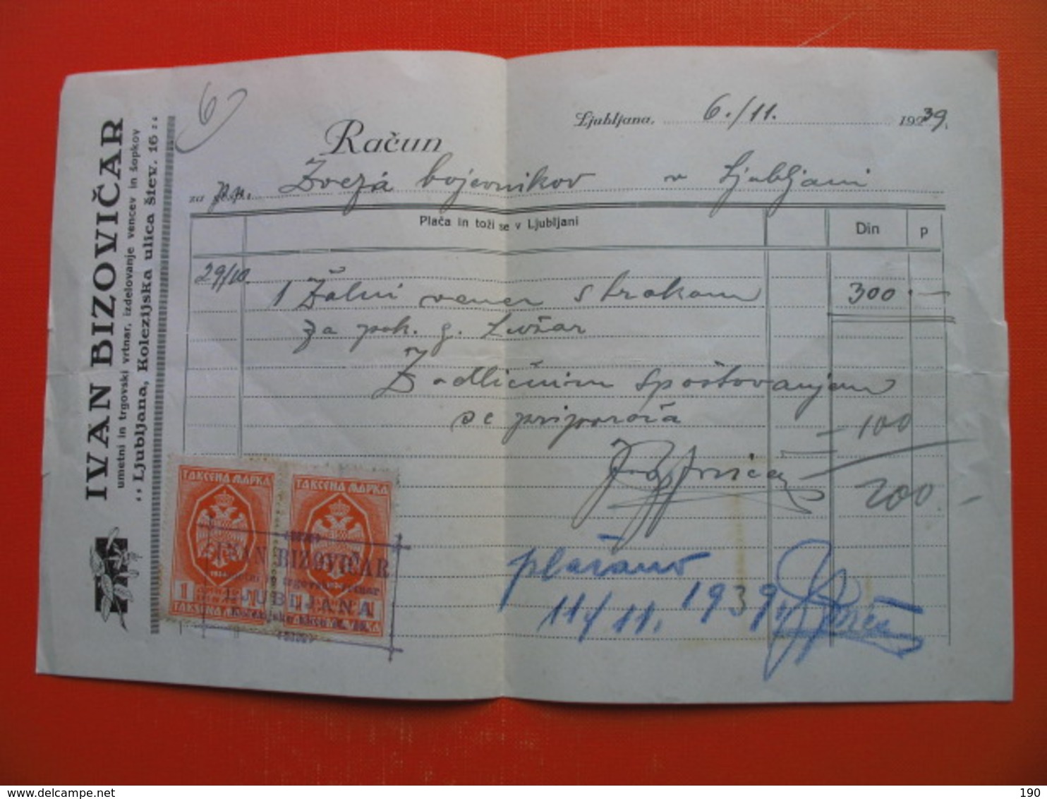 Zveza Bojevnikov Ljubljana.IVAN BIZOVICAR,umetni In Trgovski Vrtnar,izdelovanje Vencev In Sopkov - Cheques En Traveller's Cheques