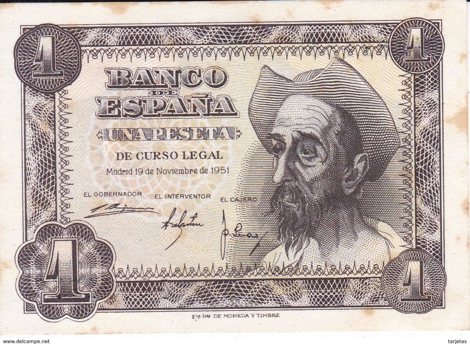 BILLETE DE ESPAÑA DE 1 PTA DEL AÑO 1951 SIN CIRCULAR EL QUIJOTE  SERIE G (UNCIRCULATED) CON MANCHAS - 1-2 Peseten