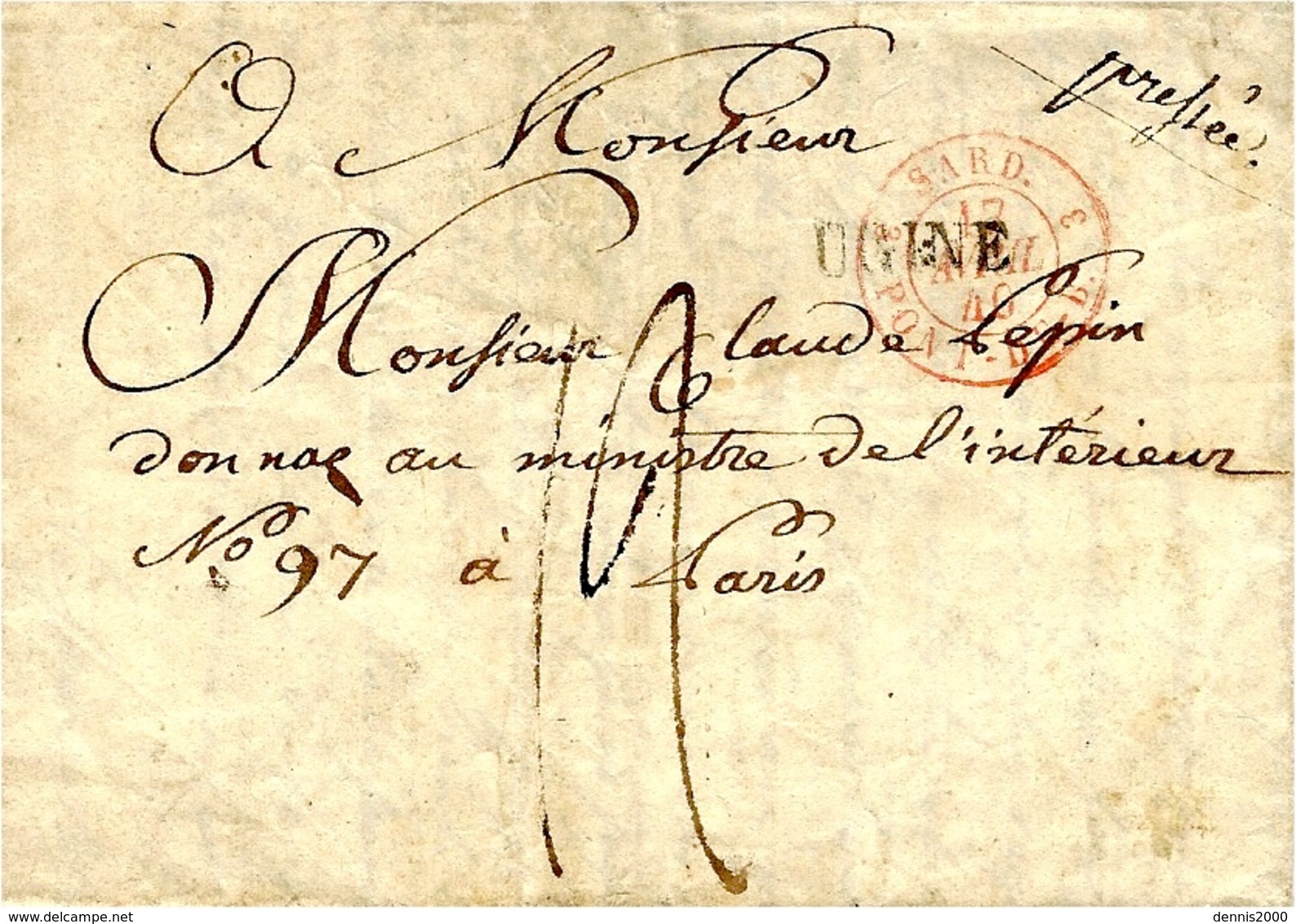 1840- Lettre D'UGINE  ( Duché De Savoie )   Pour Paris, Taxe 12 D - 1801-1848: Vorläufer XIX