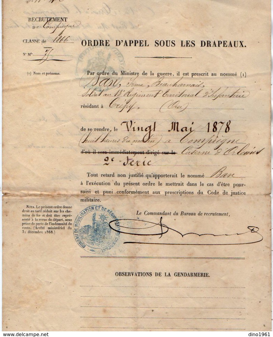 VP12.510 - PARIS 1878 - Ordre D'Appel Sous Les Drapeaux Soldat BAN Au 13 ème Rgt Tal D' Infanterie CREPY X COMPIEGNE - Documentos