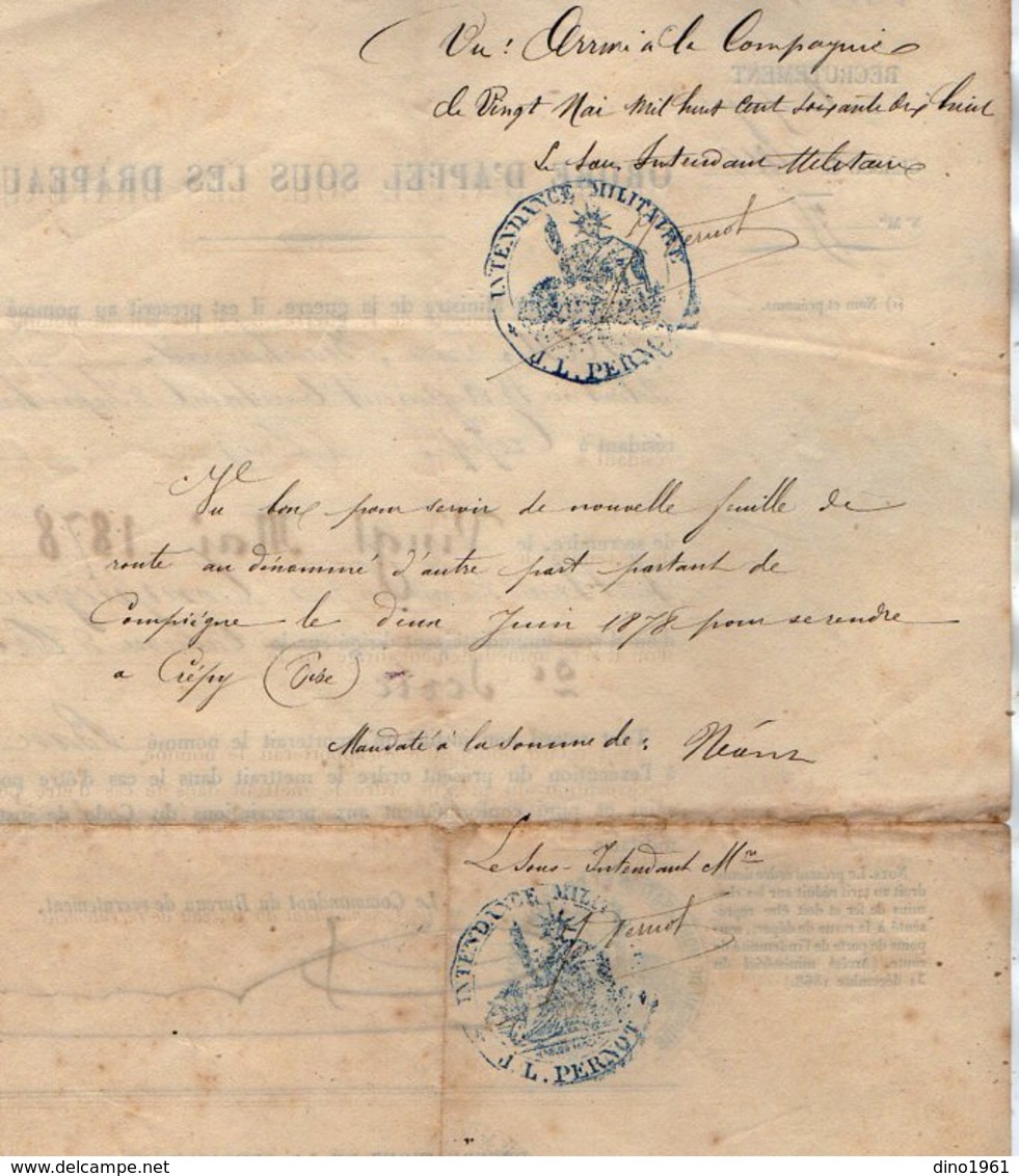 VP12.510 - PARIS 1878 - Ordre D'Appel Sous Les Drapeaux Soldat BAN Au 13 ème Rgt Tal D' Infanterie CREPY X COMPIEGNE - Documentos