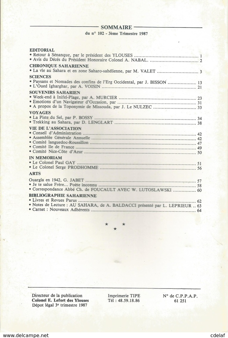 Revue Le Saharien No 102 3eme Trim 1987 La Piste Du Sel,trekking Au Sahara L'oued Igharghar Env 2,50 - Other & Unclassified