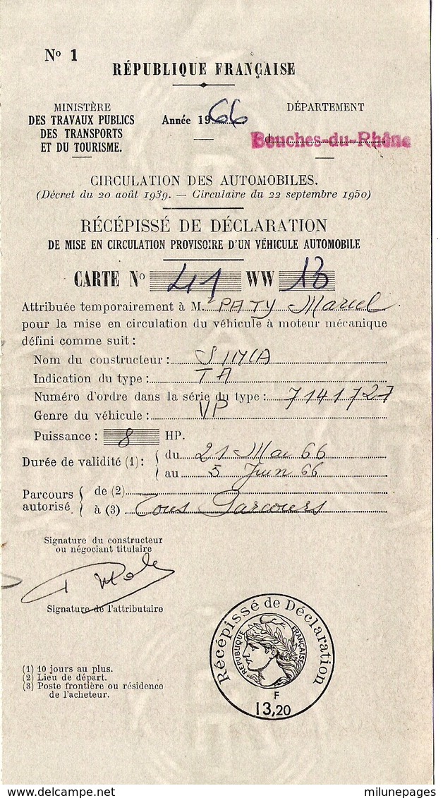 Carte Grise Provisoire Pour Une SIMCA Type TA 1300 1500 Bouches Du Rhône 1966 - Automobile