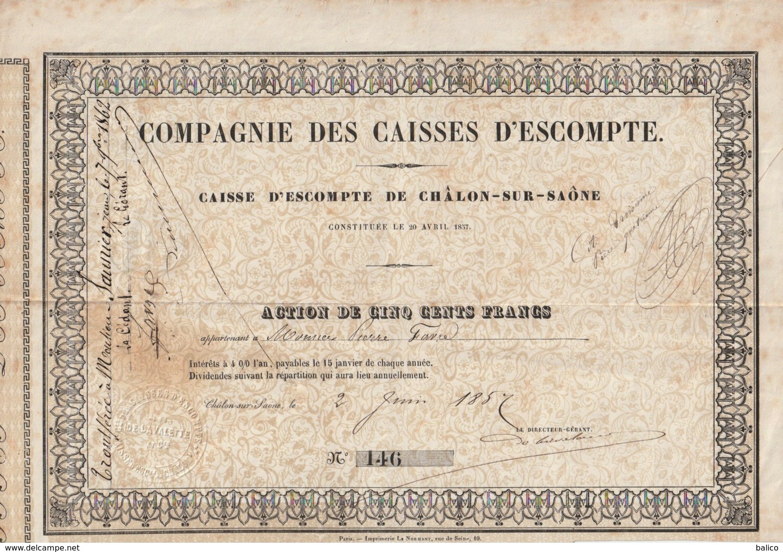 Compagnie Des Caisses D'Escompte - Chalon Sur Saône  20 Avril 1857  - Action 500 Frs - Other & Unclassified