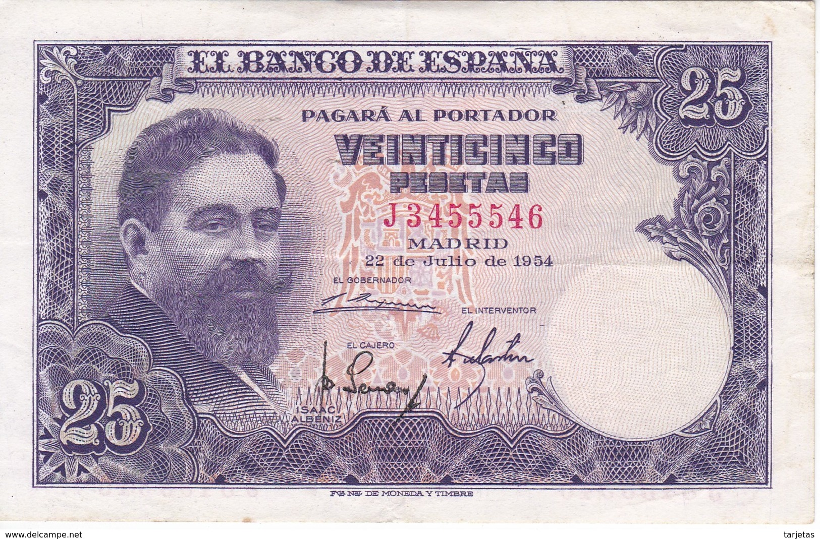 BILLETE DE ESPAÑA DE 25 PTAS DEL AÑO 1954 SERIE J EN CALIDAD MBC (VF)(BANKNOTE) - 25 Pesetas