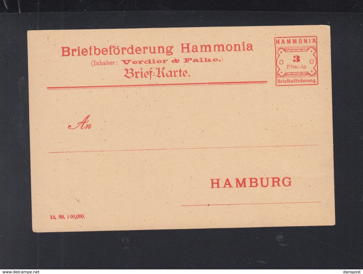 Privatpost Hammonia Hamburg 3 Pfennig Karte Ungebraucht - Other & Unclassified