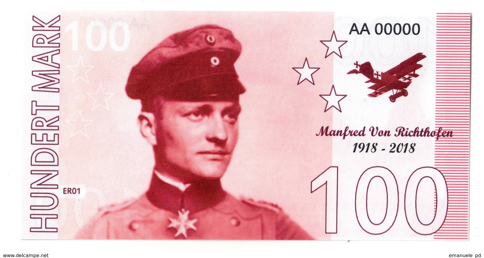 Germany 100 Mark 1918-2018 Manfred Von Richtofen (Red Baron) Fantasy Commemorative Trial AA 00000 - Altri & Non Classificati