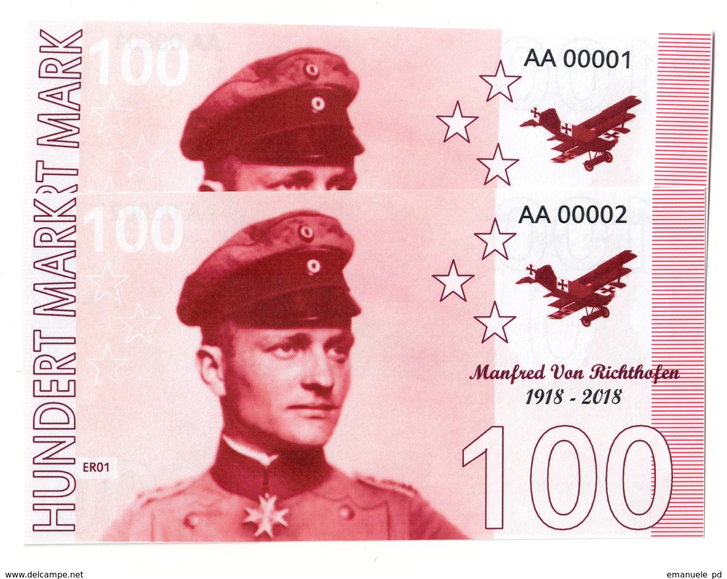 Germany 100 Mark 1918-2018 Manfred Von Richtofen (Red Baron) Fantasy Commemorative - Price For 1 Banknote - Altri & Non Classificati