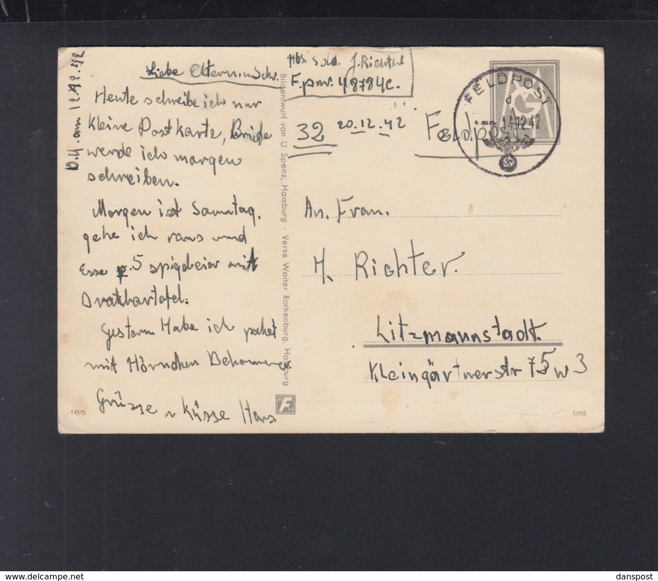 Dt. Reich PK 1942 Feldpost  48784 Nach Litzmannstadt - Storia Postale