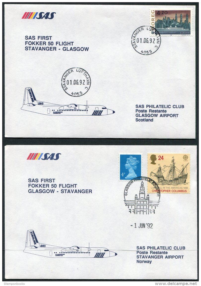 1992 Norway / Scotland  2 X SAS First Flight Covers. Stavanger / Glasgow - Storia Postale