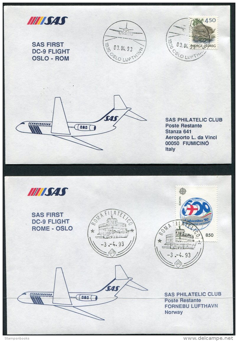 1993 Norway / Italy  2 X SAS First Flight Covers. Oslo / Rome - Briefe U. Dokumente