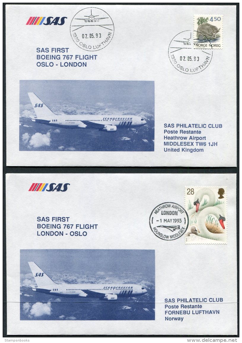 1993 Norway / GB  2 X SAS First Flight Covers. Oslo / London - Lettres & Documents