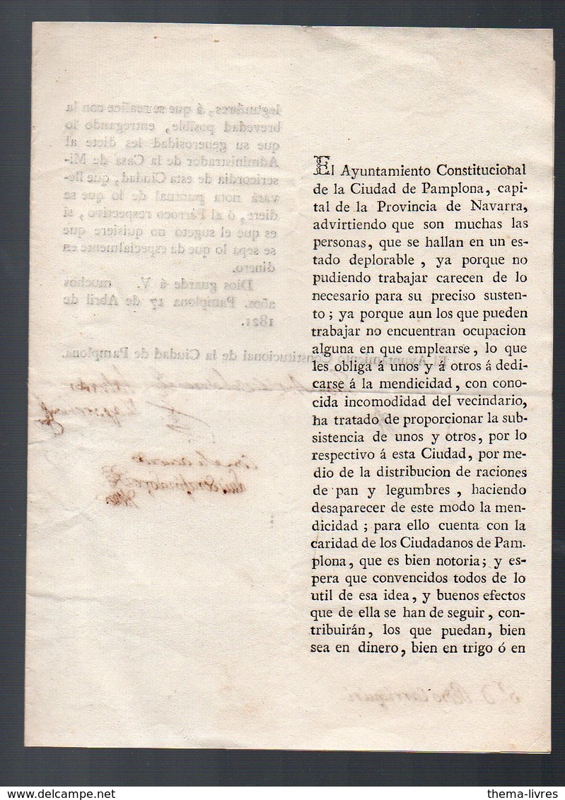 Pamplona (Espagne) Document  De 1821 Signé P 2 (PPP8939) - Non Classés