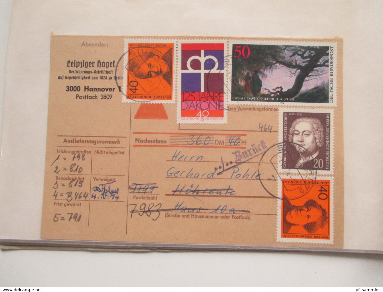 BRD / Berlin Belegeposten in 2 Alben 90 Belege / GA / Paketkarten. 22 Nachnahmekarten mit Zurück Vermerk! 1950 - 90er